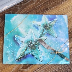 NWT Glass Cutting Board & Spreader Blue White Starfish Beads Ocean Beach